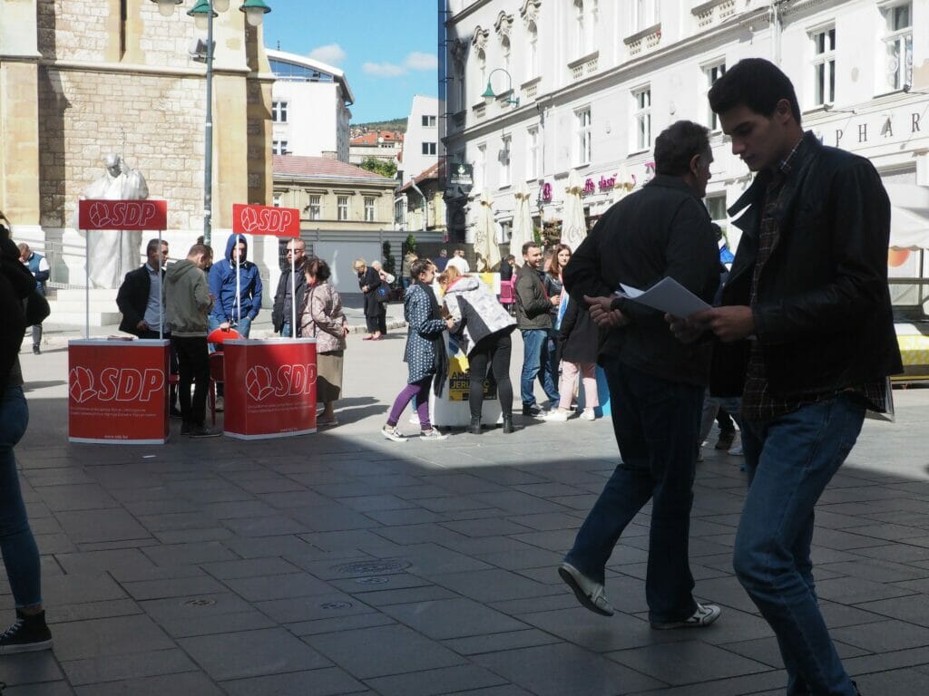 A campaign stand in Sarajevo.