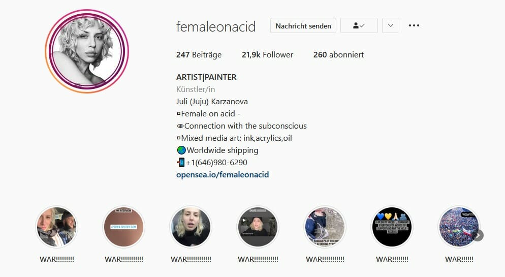 Drastischer Themenwechsel auf Instagram. Juli Karzanovas sogenannten Highlights enthalten nur mehr Kriegsthemen.